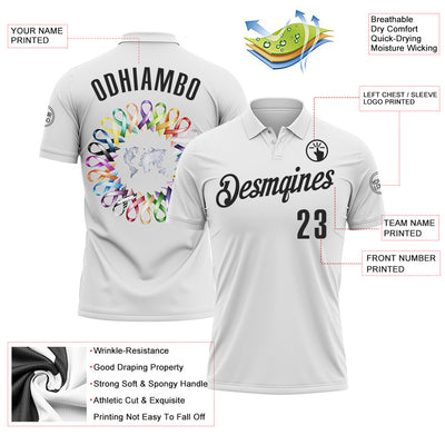 Custom White Black 3D Pattern Design Ribbon Cancer Awareness World Cancer Day Performance Polo Shirt