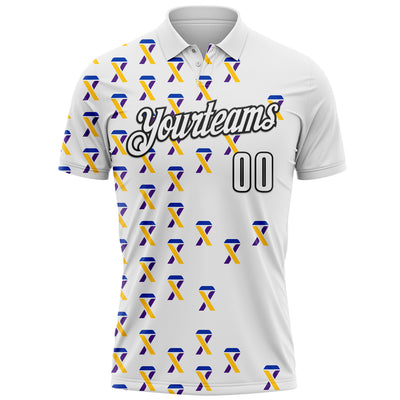 Custom White Black 3D Pattern Design Yellow Purple And Navy Ribbon Bladder Cancer Awareness Performance Polo Shirt