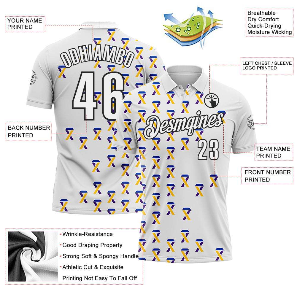 Custom White Black 3D Pattern Design Yellow Purple And Navy Ribbon Bladder Cancer Awareness Performance Polo Shirt