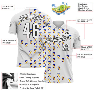 Custom White Black 3D Pattern Design Yellow Purple And Navy Ribbon Bladder Cancer Awareness Performance Polo Shirt