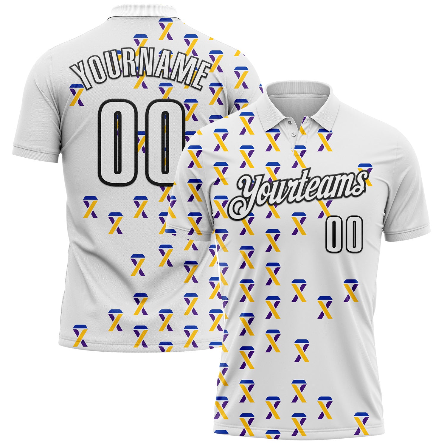 Custom White Black 3D Pattern Design Yellow Purple And Navy Ribbon Bladder Cancer Awareness Performance Polo Shirt