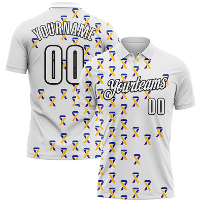 Custom White Black 3D Pattern Design Yellow Purple And Navy Ribbon Bladder Cancer Awareness Performance Polo Shirt