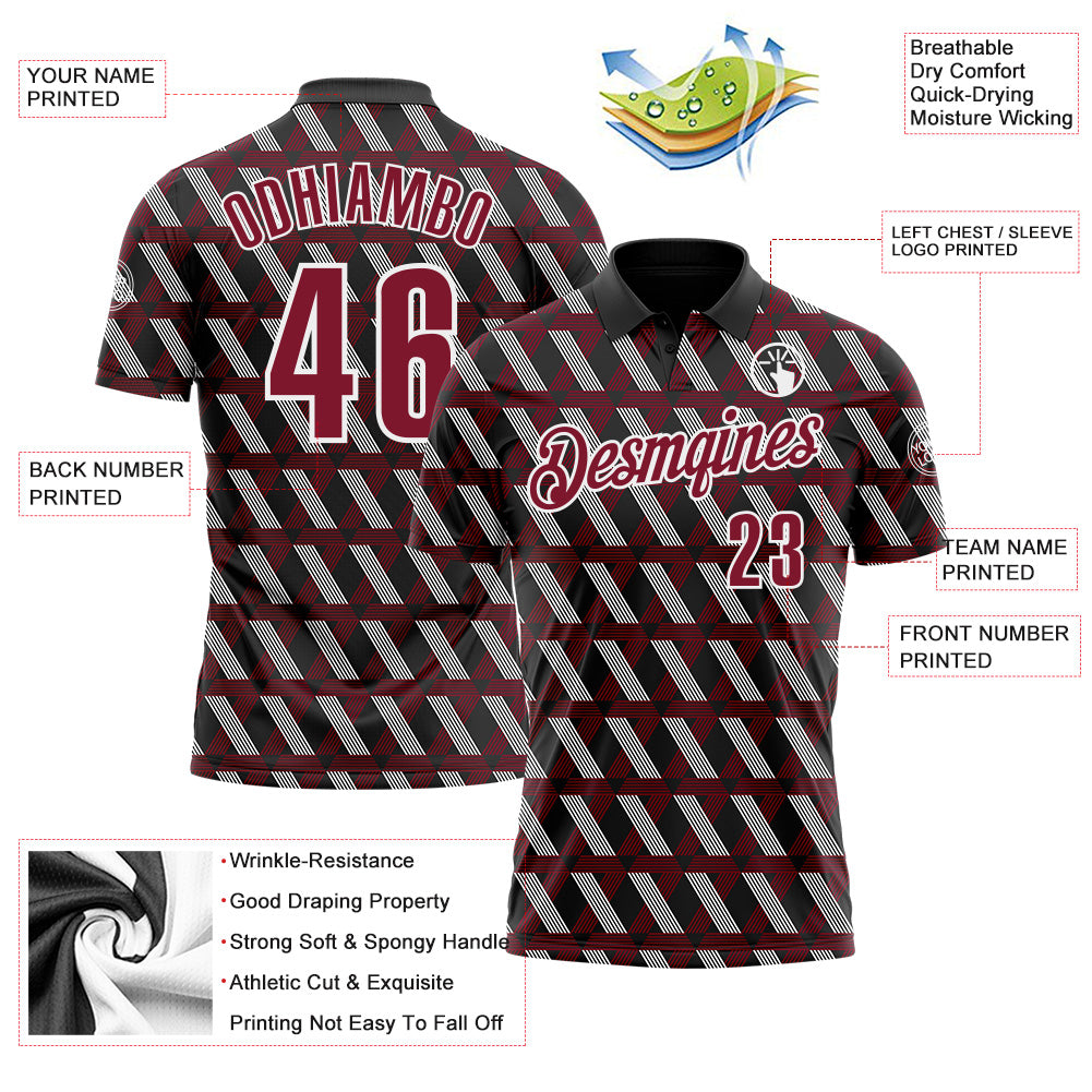 Custom Black Crimson-White 3D Pattern Design Burgundy And White Ribbon Head And Neck Cancer Cancer Awareness Performance Polo Shirt