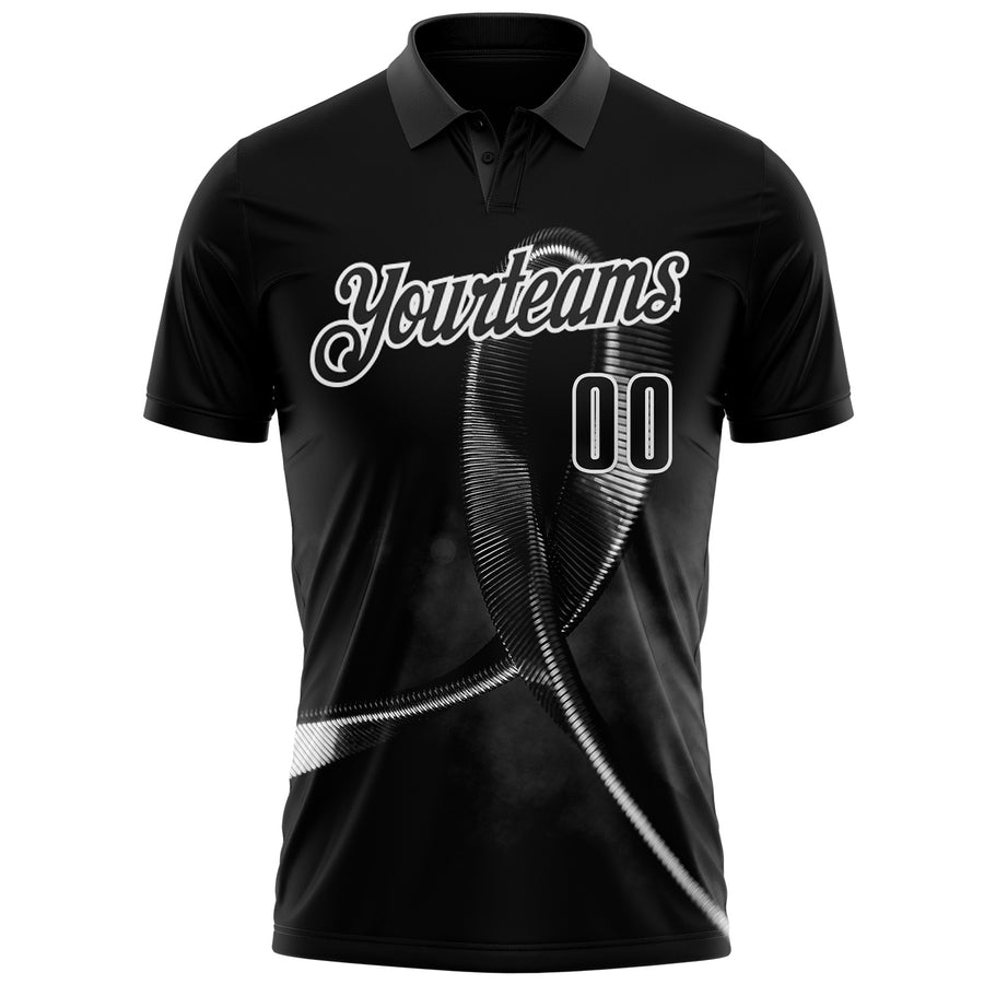 Custom Black White 3D Pattern Design Black Ribbon Skin Cancer Cancer Awareness Performance Polo Shirt