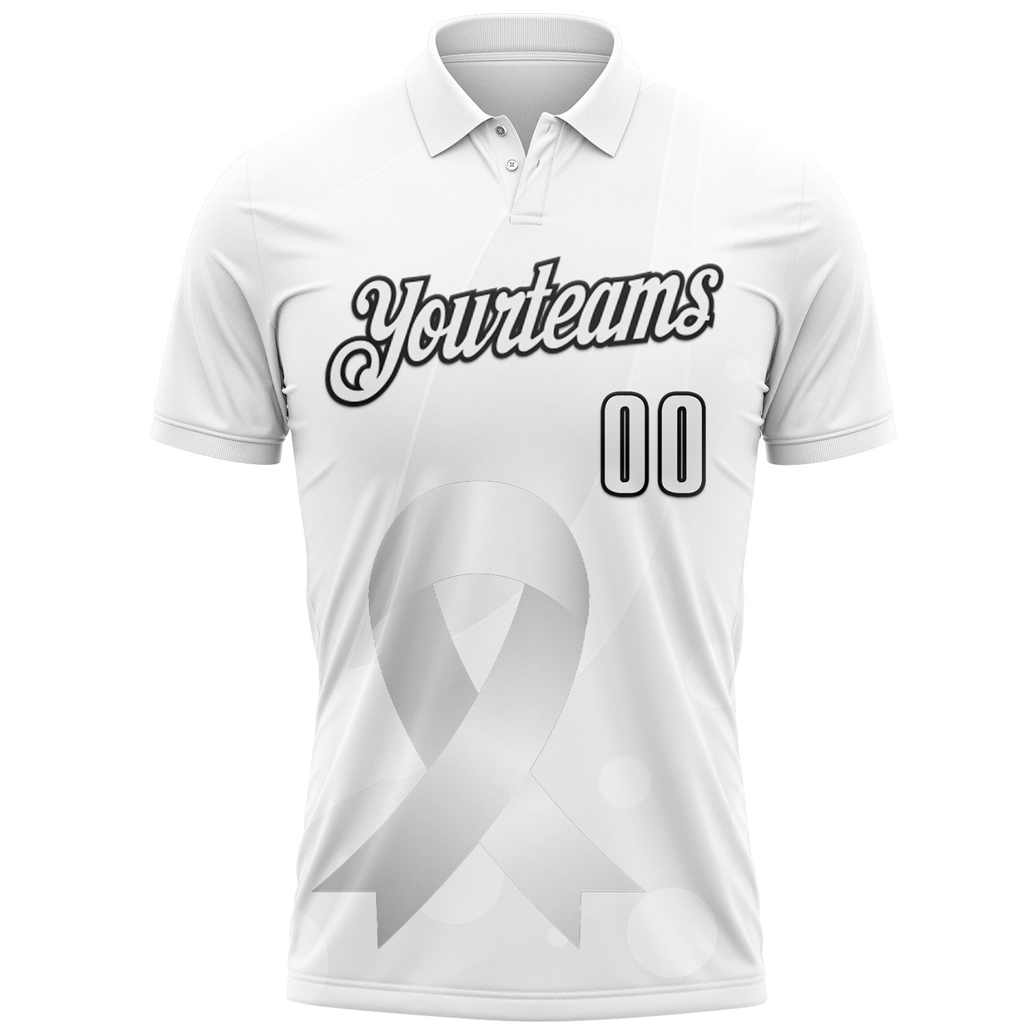 Custom White Black 3D Pattern Design Pear White Ribbon Lung Cancer Cancer Awareness Performance Polo Shirt