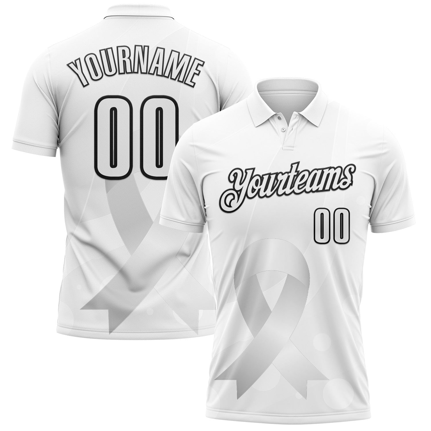 Custom White Black 3D Pattern Design Pear White Ribbon Lung Cancer Cancer Awareness Performance Polo Shirt