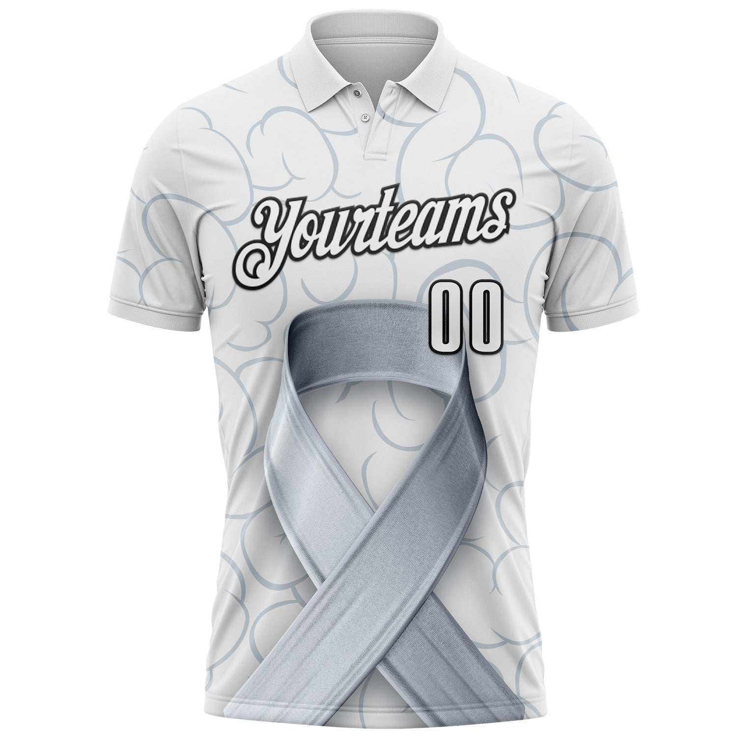 Custom White Black 3D Pattern Design Gray Ribbon Brain Cancer Cancer Awareness Performance Polo Shirt