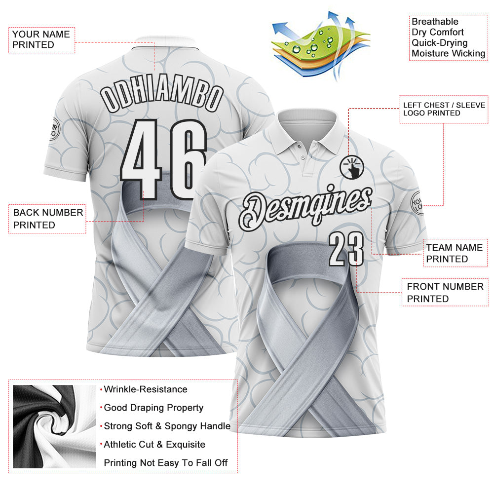 Custom White Black 3D Pattern Design Gray Ribbon Brain Cancer Cancer Awareness Performance Polo Shirt