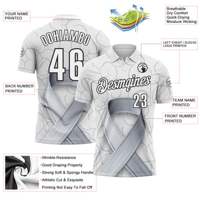 Custom White Black 3D Pattern Design Gray Ribbon Brain Cancer Cancer Awareness Performance Polo Shirt