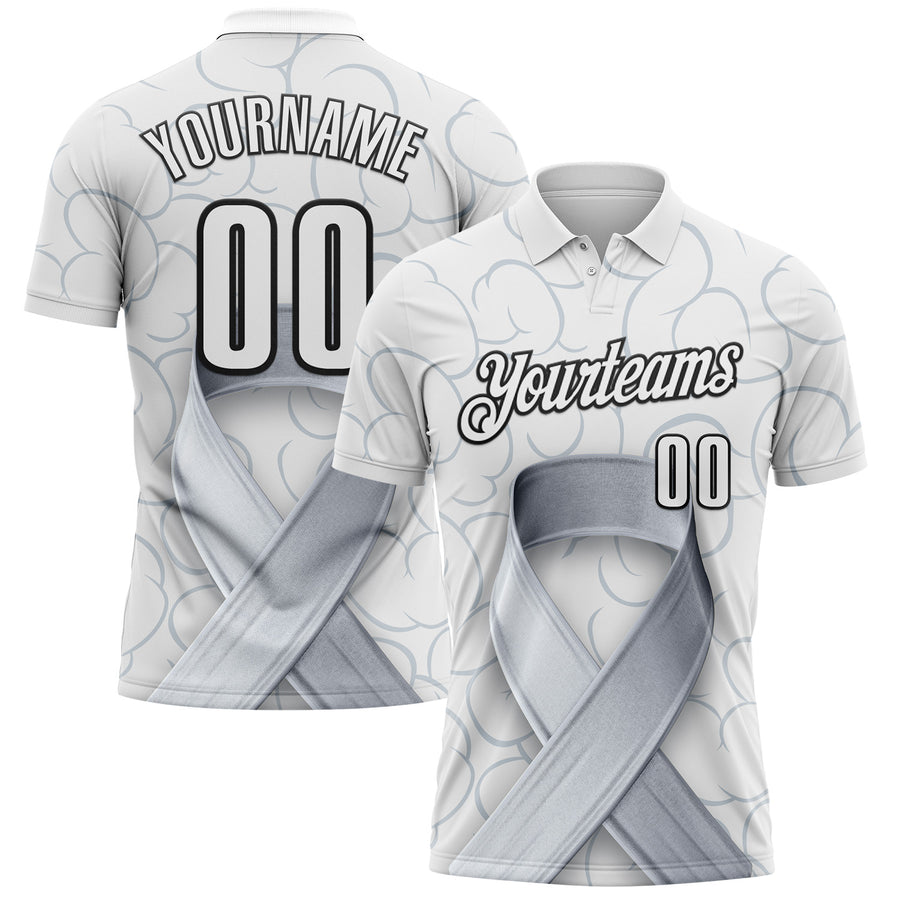 Custom White Black 3D Pattern Design Gray Ribbon Brain Cancer Cancer Awareness Performance Polo Shirt