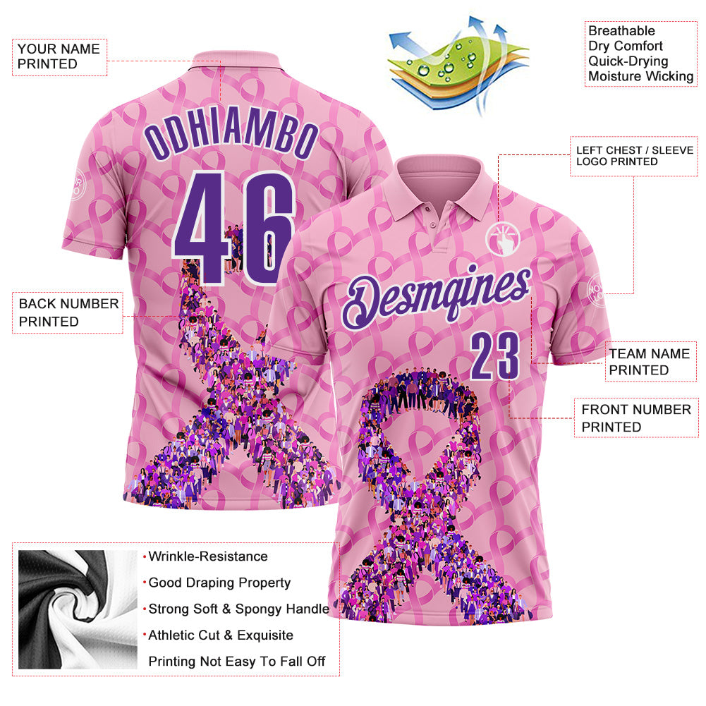 Custom Light Pink Purple-White 3D Pink Ribbon Breast Cancer Awareness Performance Polo Shirt