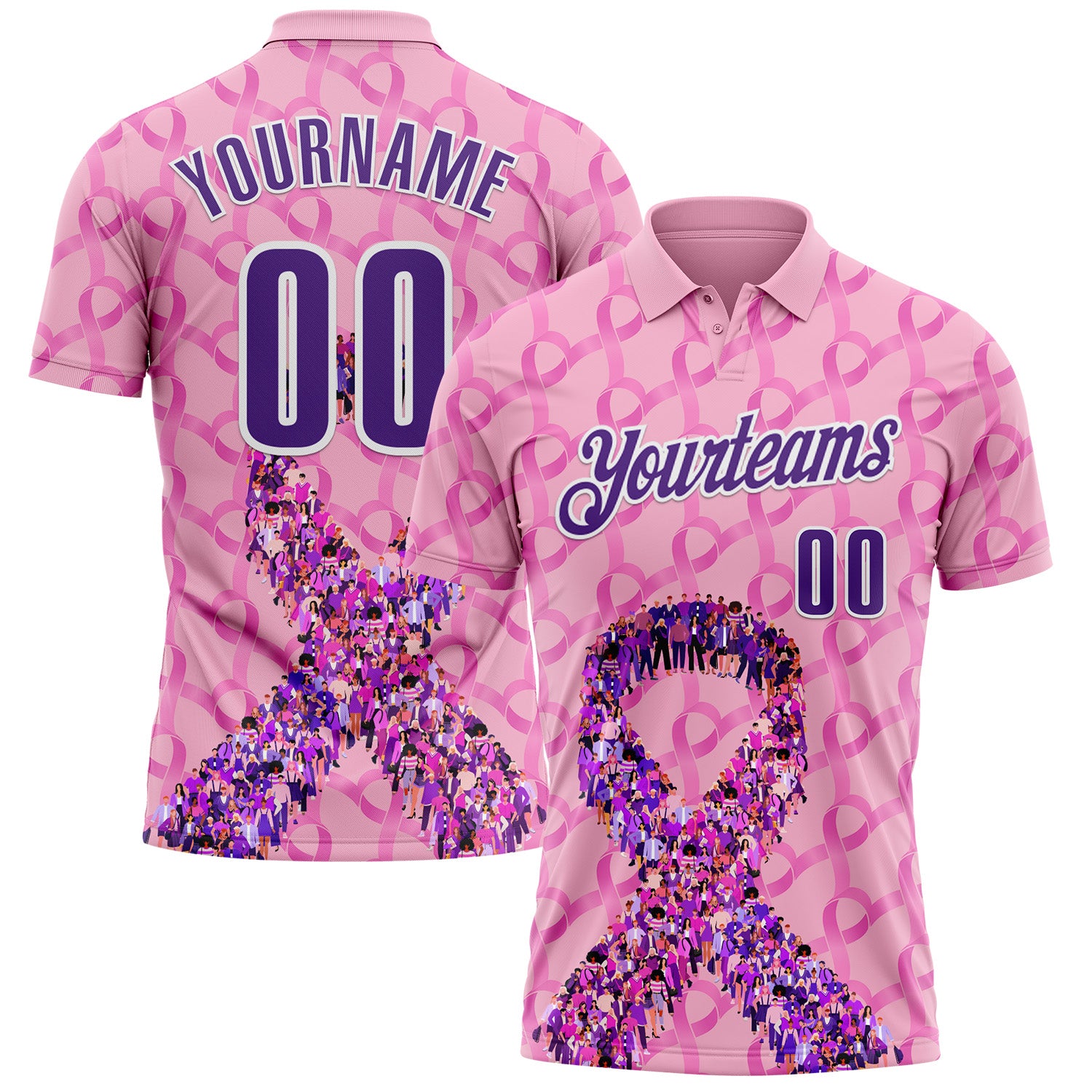 Custom Light Pink Purple-White 3D Pink Ribbon Breast Cancer Awareness Performance Polo Shirt