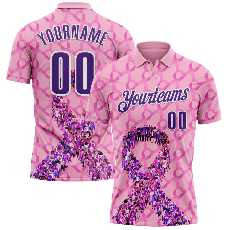 Custom Light Pink Purple-White 3D Pink Ribbon Breast Cancer Awareness Performance Polo Shirt