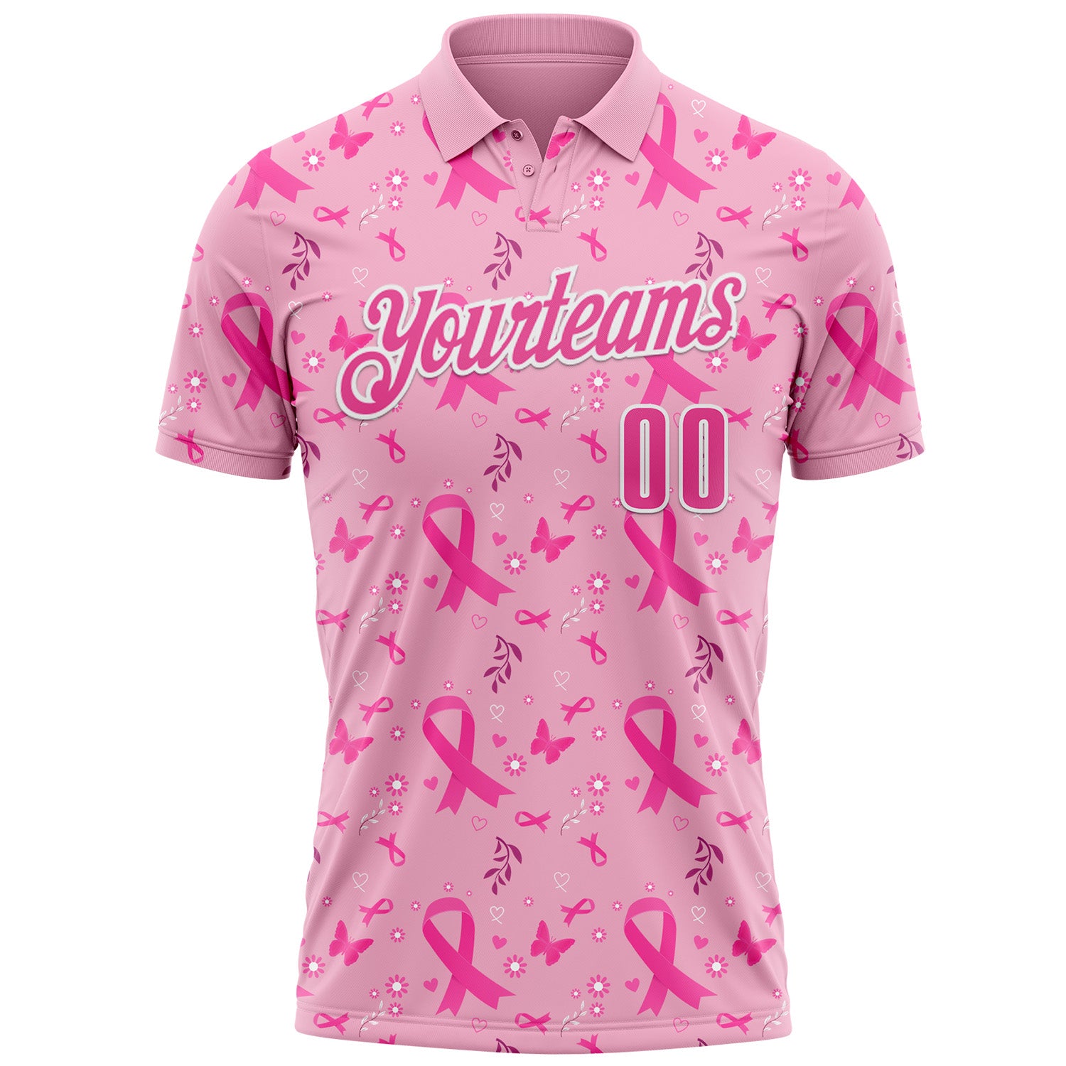 Custom Light Pink Pink-White 3D Pink Ribbon Breast Cancer Awareness Performance Polo Shirt