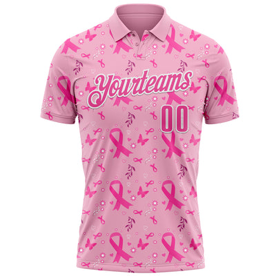 Custom Light Pink Pink-White 3D Pink Ribbon Breast Cancer Awareness Performance Polo Shirt