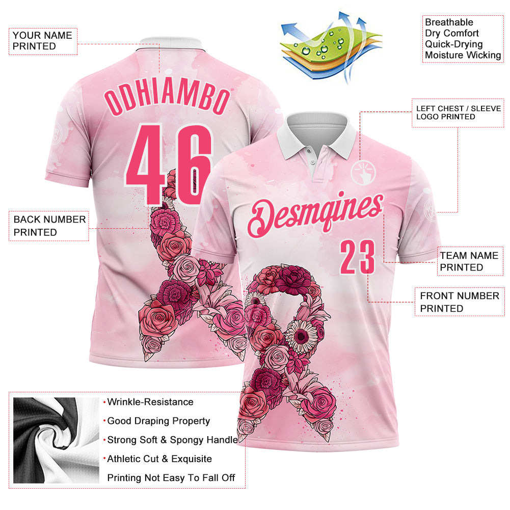 Custom White Neon Pink 3D Pink Ribbon Breast Cancer Awareness Performance Polo Shirt