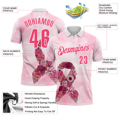 Custom White Neon Pink 3D Pink Ribbon Breast Cancer Awareness Performance Polo Shirt
