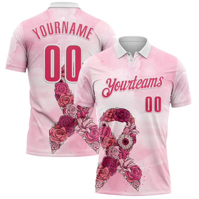 Custom White Neon Pink 3D Pink Ribbon Breast Cancer Awareness Performance Polo Shirt