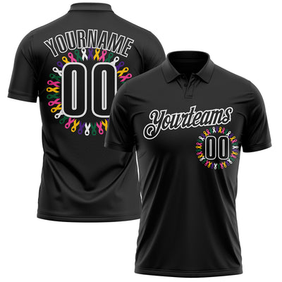 Custom Black White 3D Pattern Design Ribbon Cancer Awareness World Cancer Day Performance Polo Shirt