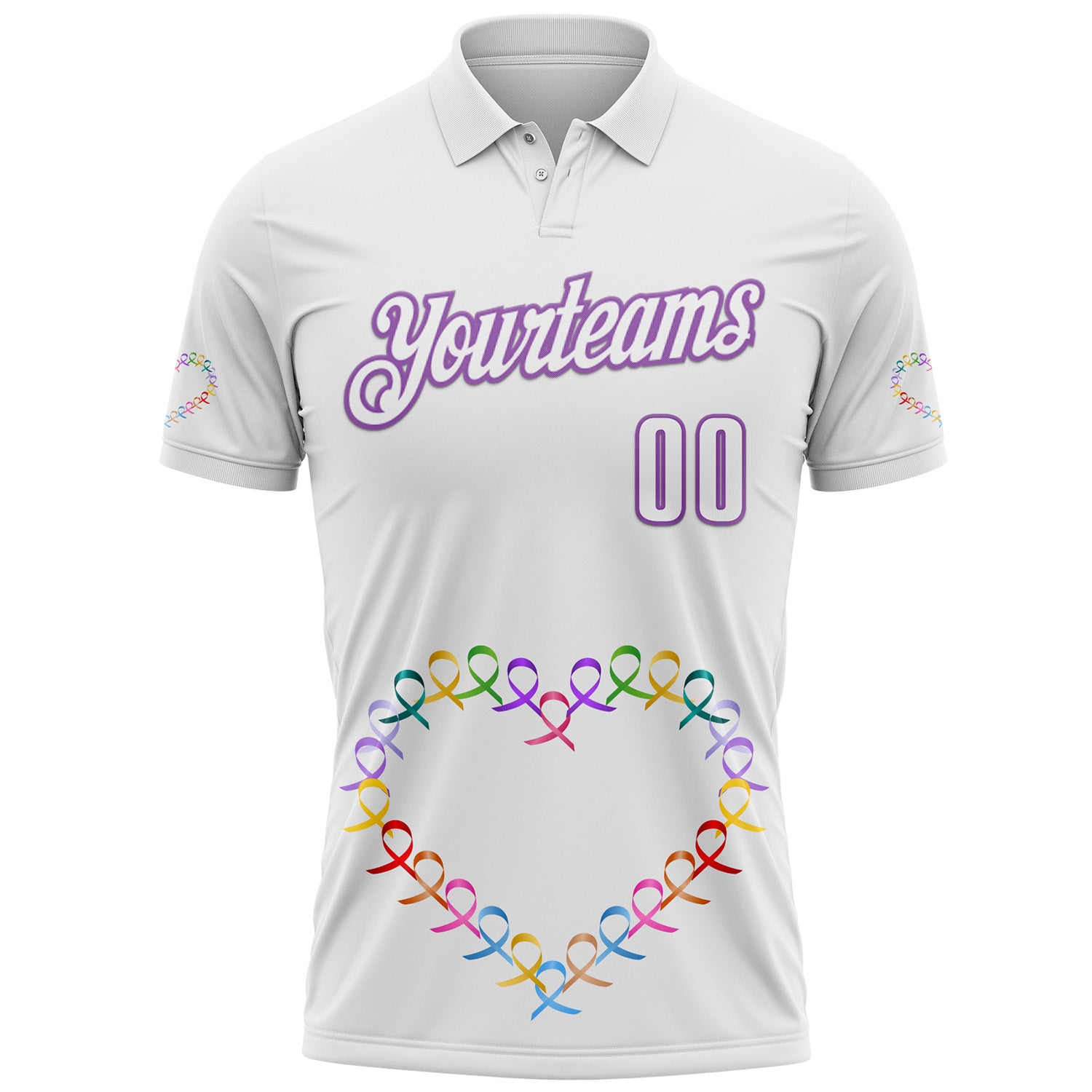 Custom White Medium Purple 3D Pattern Design Ribbon Cancer Awareness World Cancer Day Performance Polo Shirt
