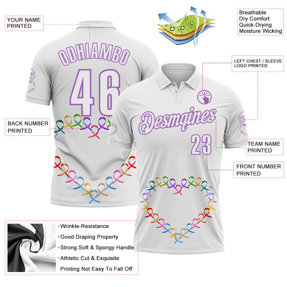 Custom White Medium Purple 3D Pattern Design Ribbon Cancer Awareness World Cancer Day Performance Polo Shirt