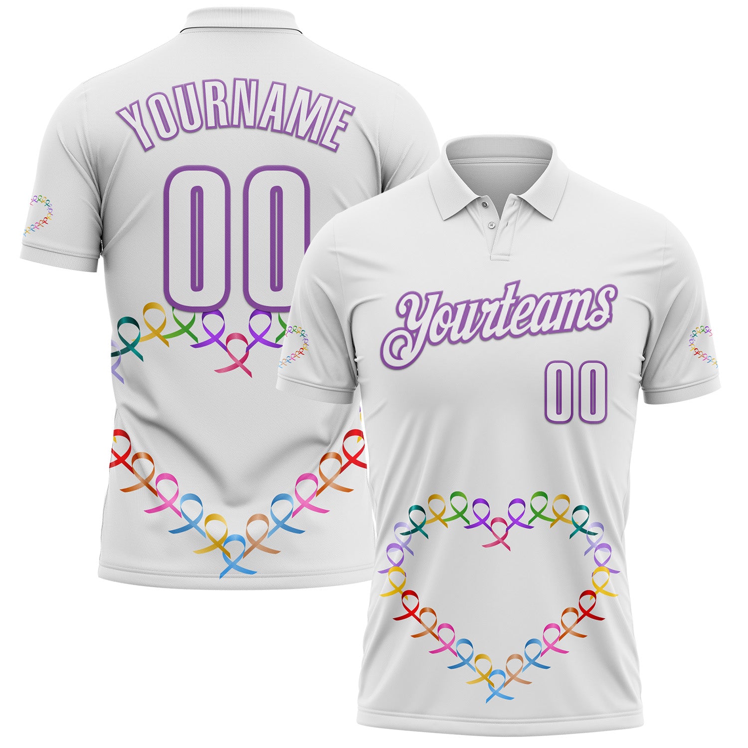 Custom White Medium Purple 3D Pattern Design Ribbon Cancer Awareness World Cancer Day Performance Polo Shirt