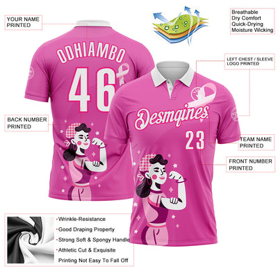 Custom Pink White-Hot Pink 3D Pink Ribbon Breast Cancer Awareness Performance Polo Shirt