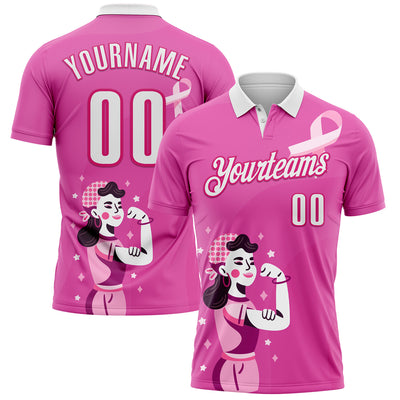Custom Pink White-Hot Pink 3D Pink Ribbon Breast Cancer Awareness Performance Polo Shirt