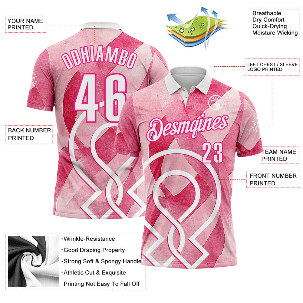 Custom Pink White-Hot Pink 3D Pink Ribbon Breast Cancer Awareness Performance Polo Shirt