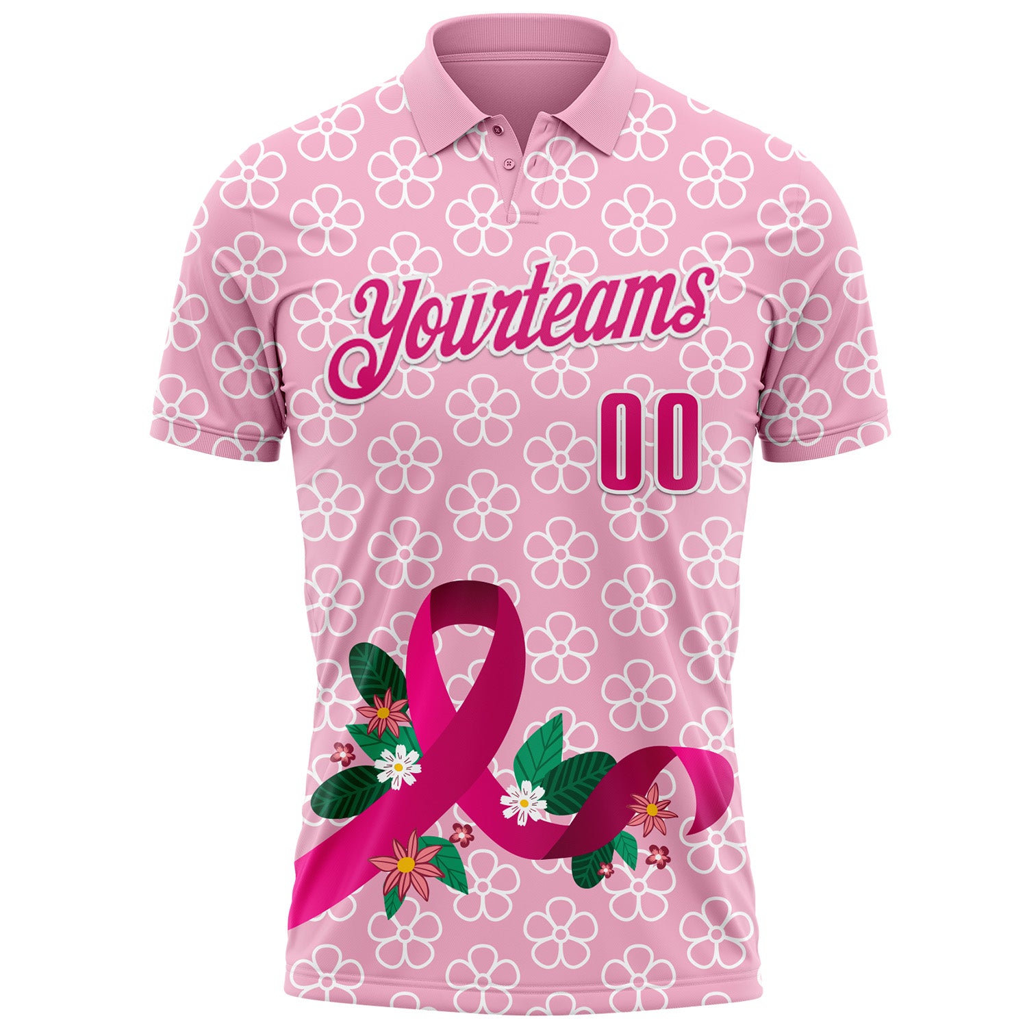Custom Light Pink Hot Pink-White 3D Pink Ribbon Breast Cancer Awareness Floral Performance Polo Shirt