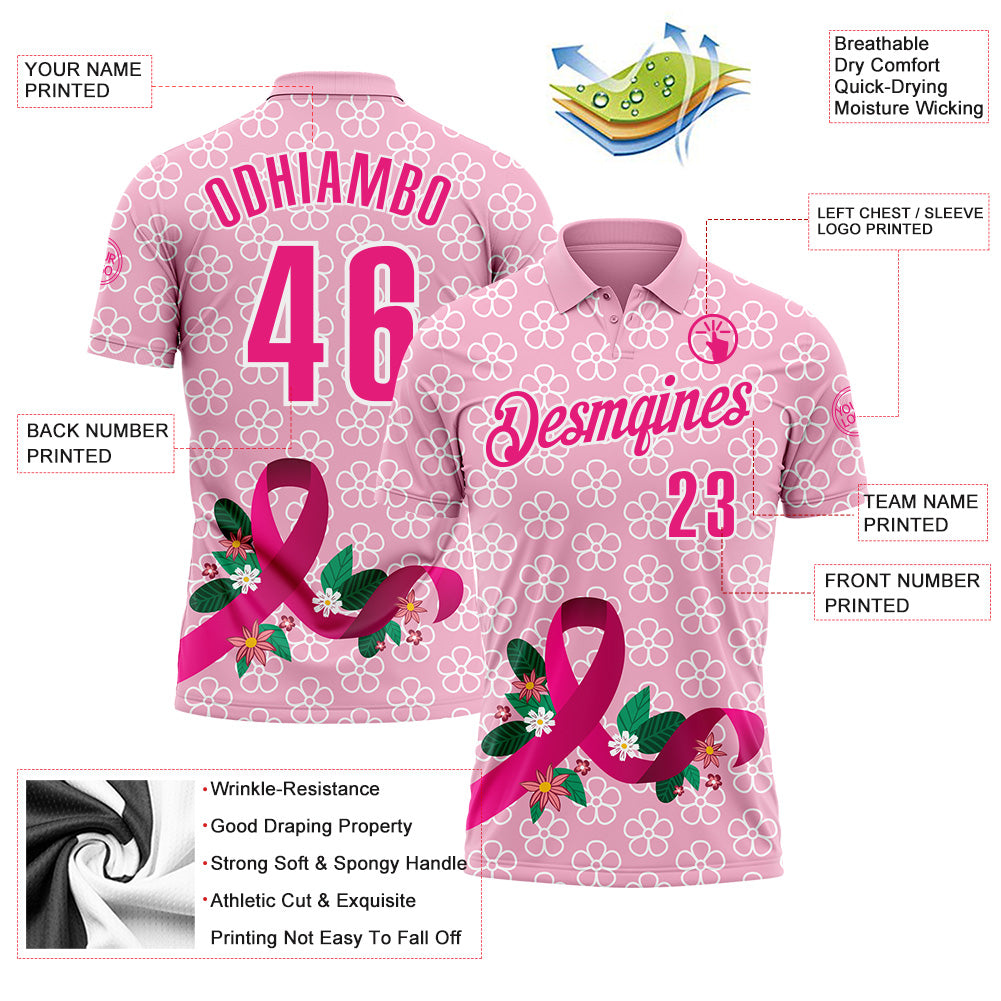 Custom Light Pink Hot Pink-White 3D Pink Ribbon Breast Cancer Awareness Floral Performance Polo Shirt