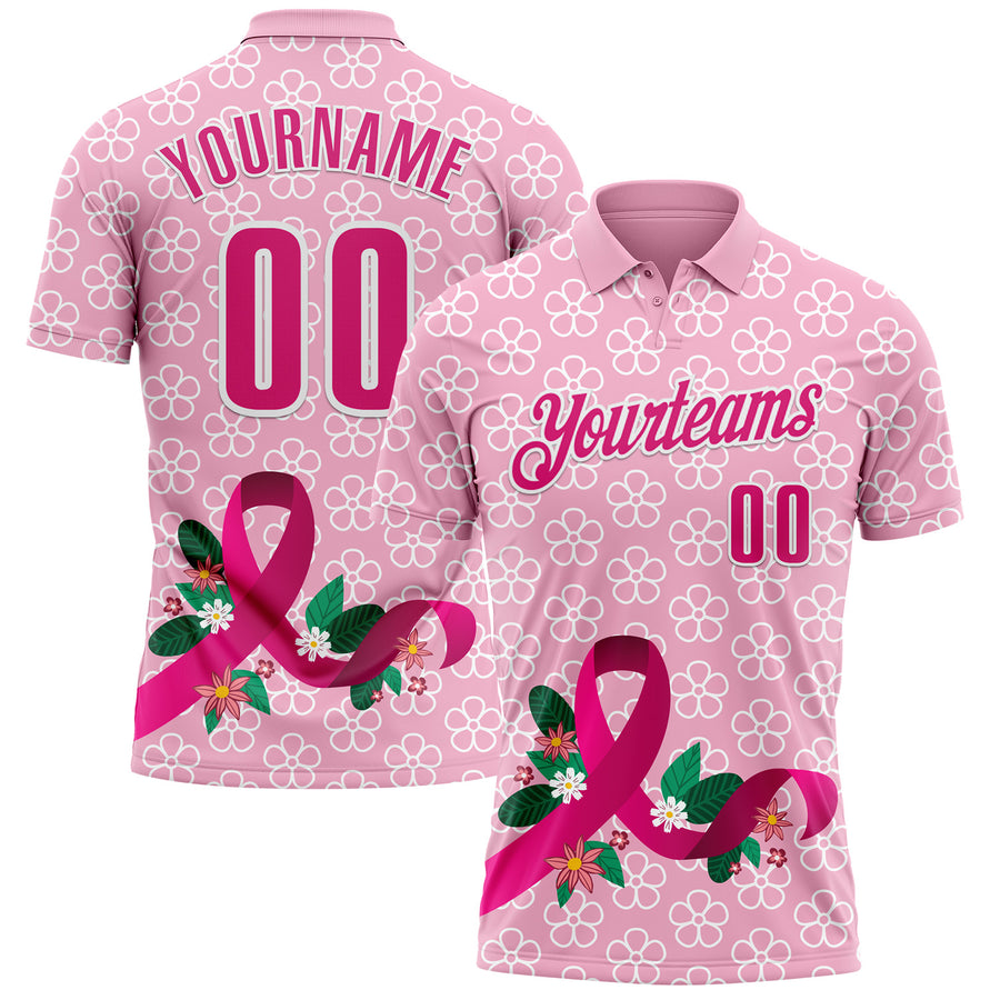 Custom Light Pink Hot Pink-White 3D Pink Ribbon Breast Cancer Awareness Floral Performance Polo Shirt