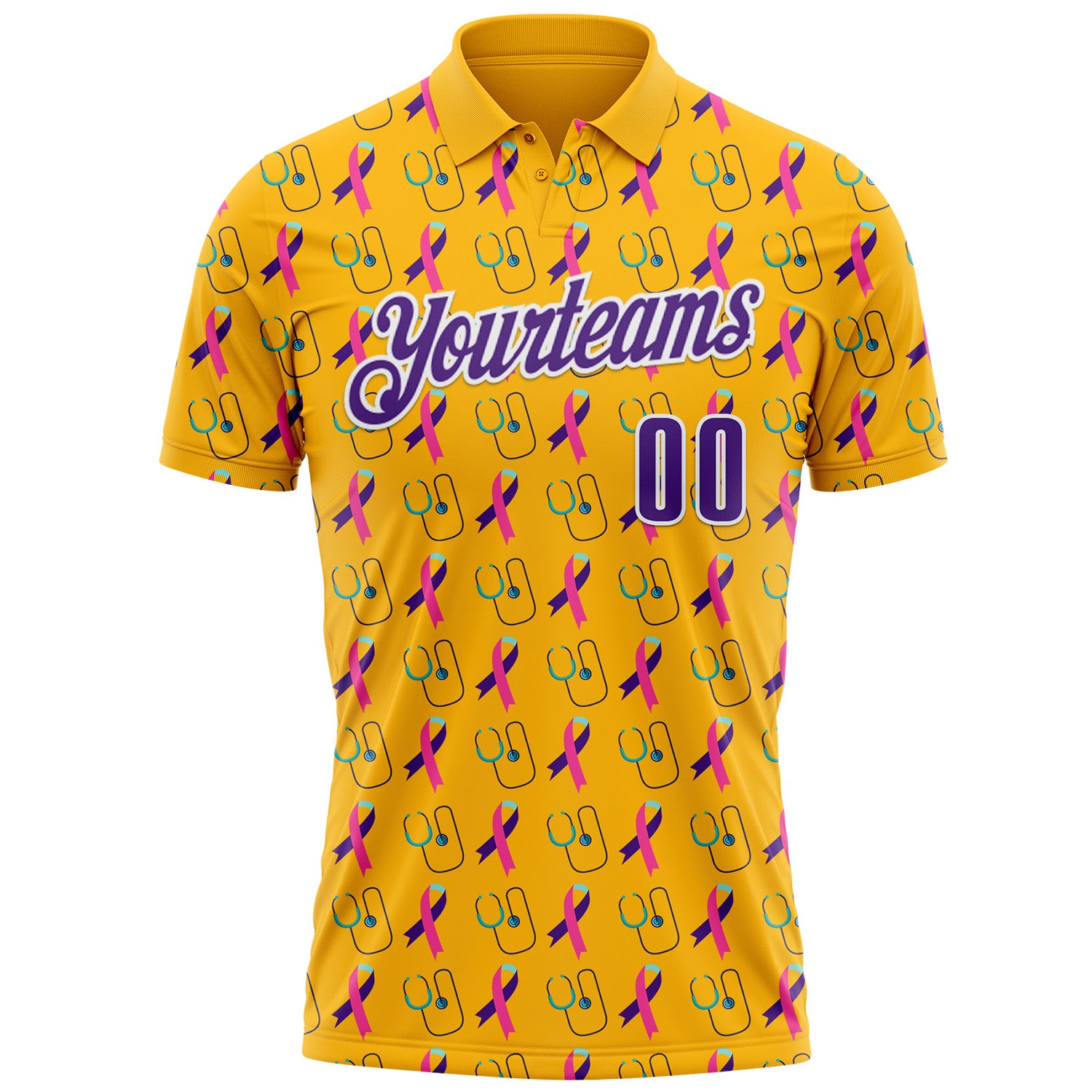 Custom Gold Purple-White 3D Pattern Design Purple Teal Pink Ribbon Thyroid Cancer Awareness World Cancer Day Performance Polo Shirt