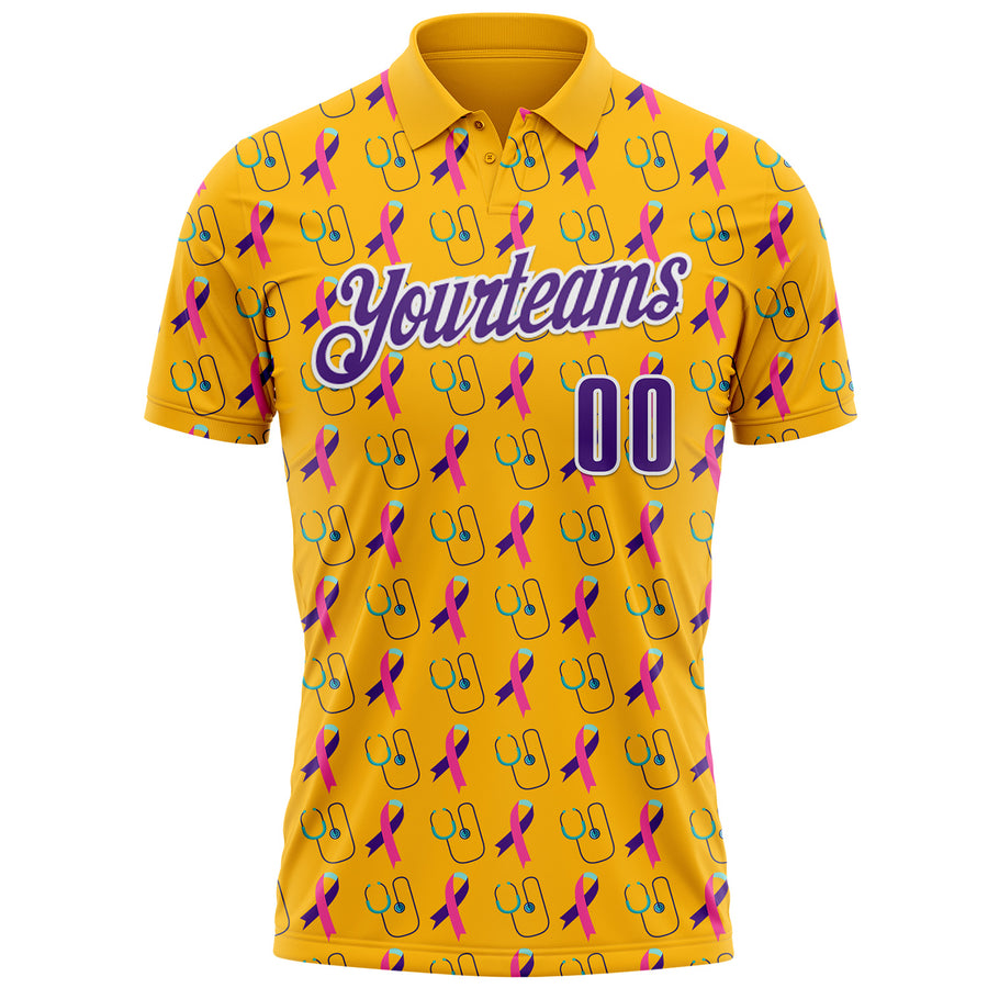 Custom Gold Purple-White 3D Pattern Design Purple Teal Pink Ribbon Thyroid Cancer Awareness World Cancer Day Performance Polo Shirt