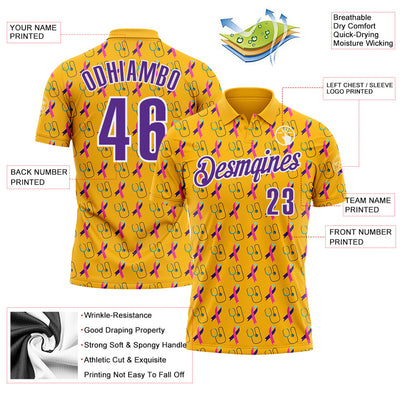 Custom Gold Purple-White 3D Pattern Design Purple Teal Pink Ribbon Thyroid Cancer Awareness World Cancer Day Performance Polo Shirt