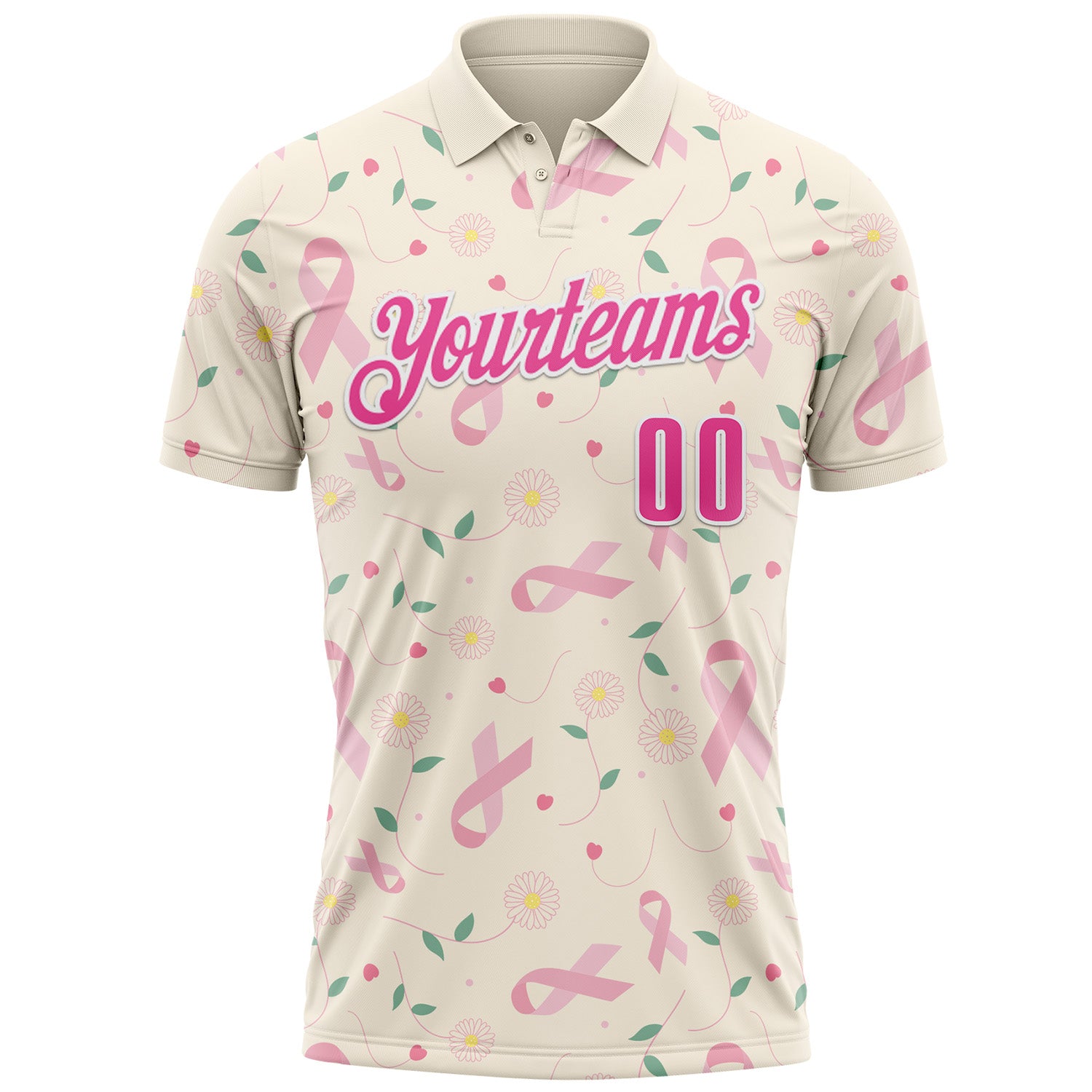 Custom Cream Pink-White 3D Pink Ribbon Breast Cancer Awareness Floral Performance Polo Shirt