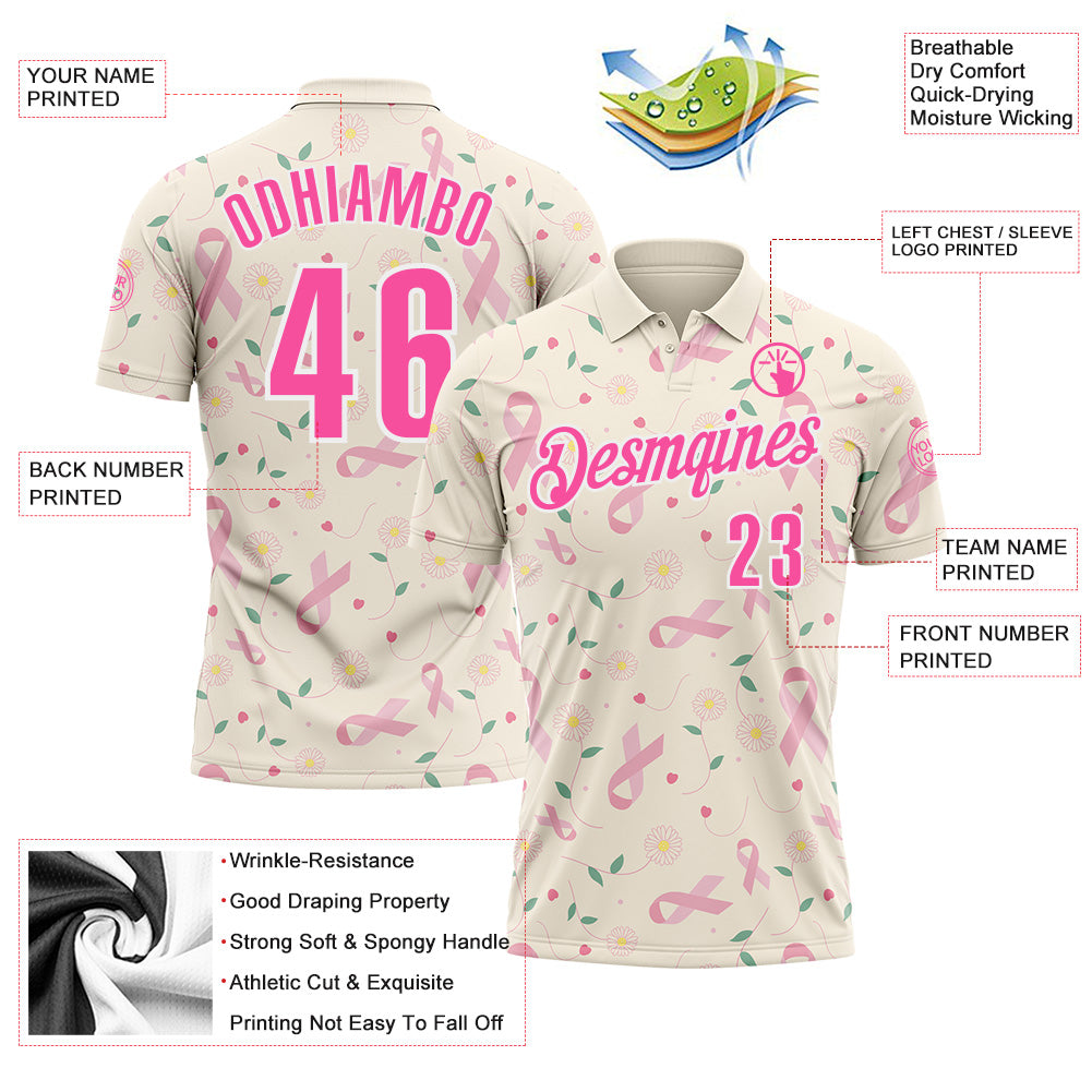 Custom Cream Pink-White 3D Pink Ribbon Breast Cancer Awareness Floral Performance Polo Shirt