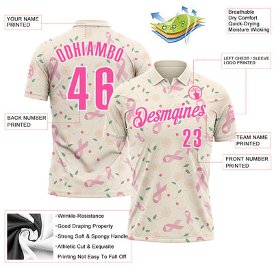 Custom Cream Pink-White 3D Pink Ribbon Breast Cancer Awareness Floral Performance Polo Shirt