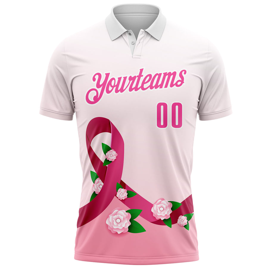 Custom White Pink 3D Pink Ribbon Breast Cancer Awareness Floral Performance Polo Shirt