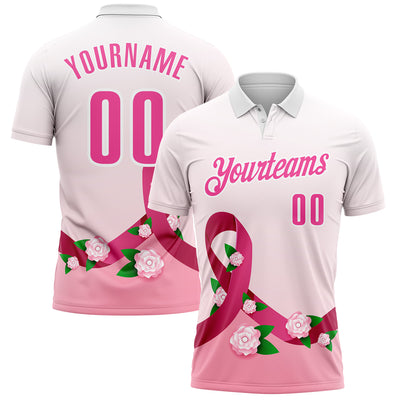Custom White Pink 3D Pink Ribbon Breast Cancer Awareness Floral Performance Polo Shirt