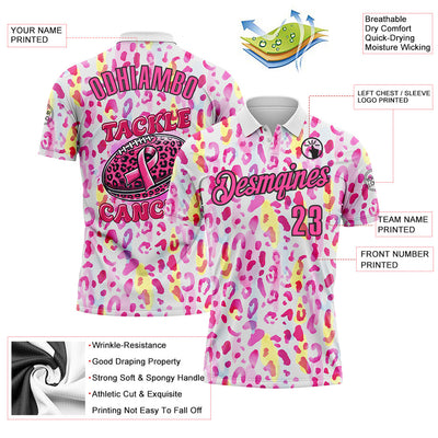 Custom White Pink-Black 3D Pink Ribbon Breast Cancer Awareness Leopard Pattern Football Performance Polo Shirt