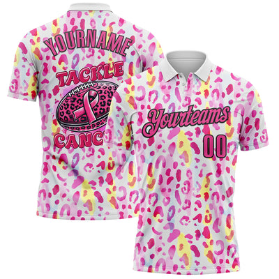 Custom White Pink-Black 3D Pink Ribbon Breast Cancer Awareness Leopard Pattern Football Performance Polo Shirt