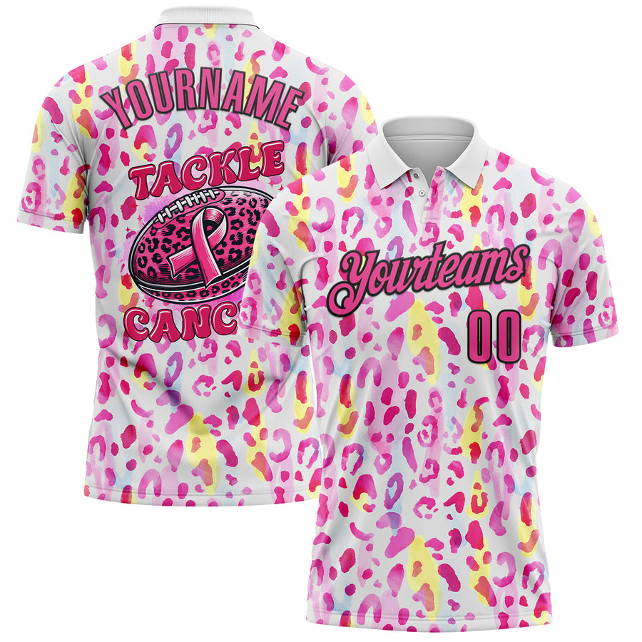 Custom White Pink-Black 3D Pink Ribbon Breast Cancer Awareness Leopard Pattern Football Performance Polo Shirt