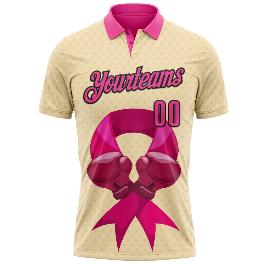 Custom Cream Pink-Black 3D Pink Ribbon Breast Cancer Awareness Fighter Boxing Gloves Performance Polo Shirt