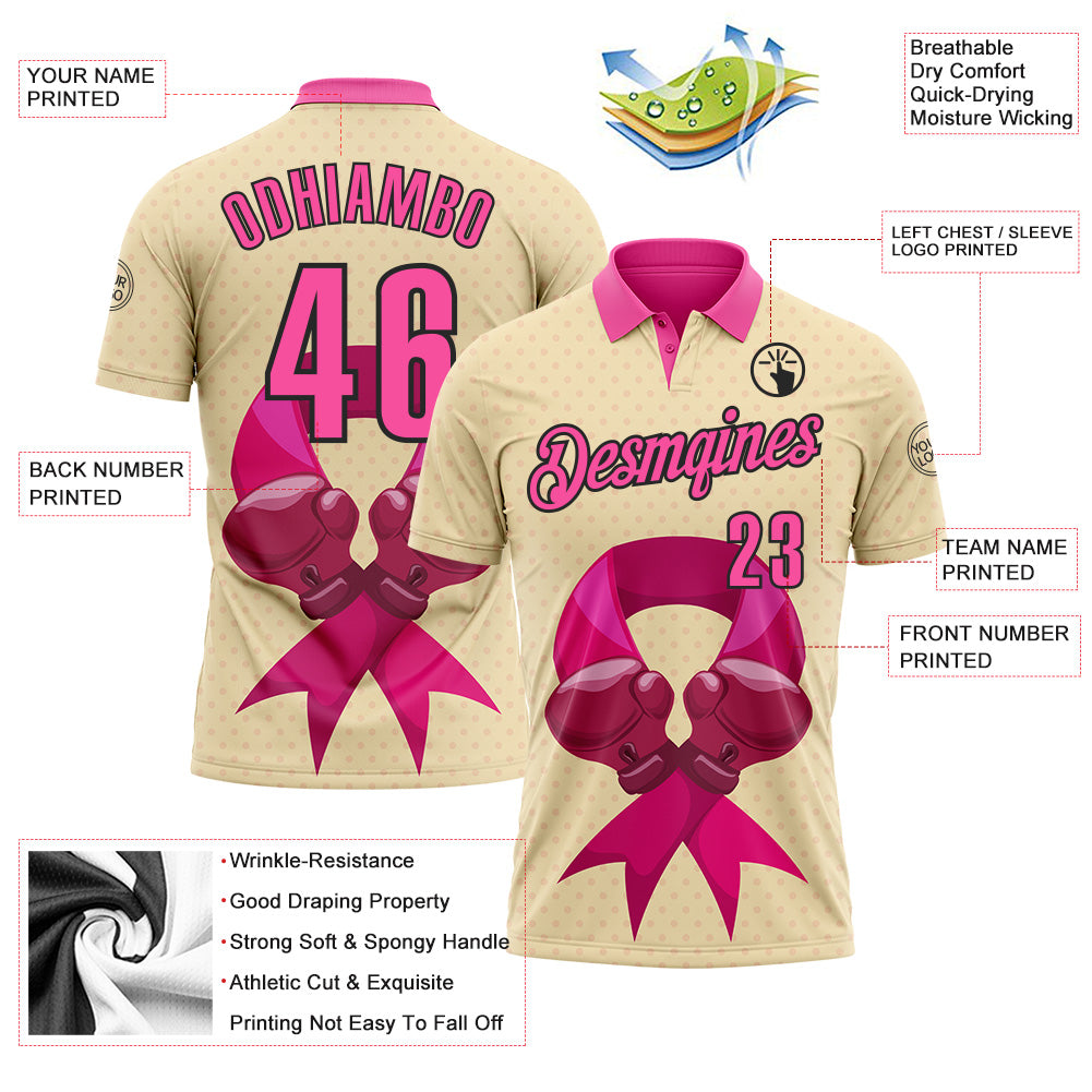 Custom Cream Pink-Black 3D Pink Ribbon Breast Cancer Awareness Fighter Boxing Gloves Performance Polo Shirt