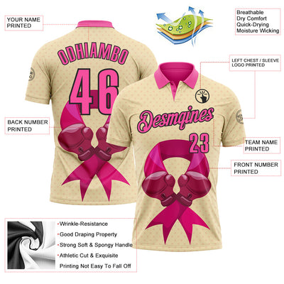 Custom Cream Pink-Black 3D Pink Ribbon Breast Cancer Awareness Fighter Boxing Gloves Performance Polo Shirt