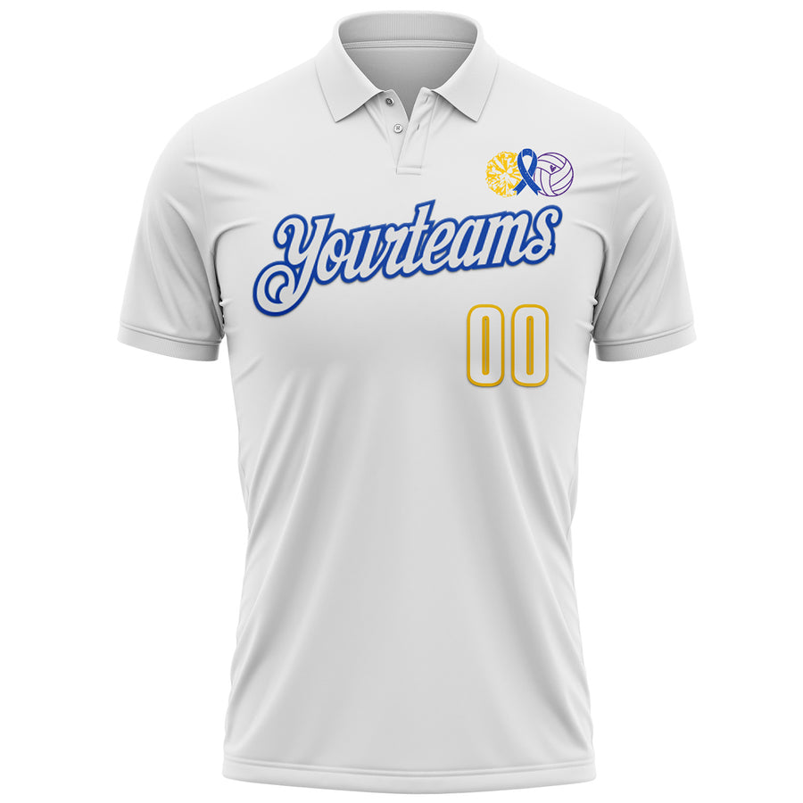 Custom White Yellow Thunder Blue-Purple 3D Pattern Design Dark Blue Ribbon Colorectal Cancer Awareness Colon Volleyball Performance Polo Shirt