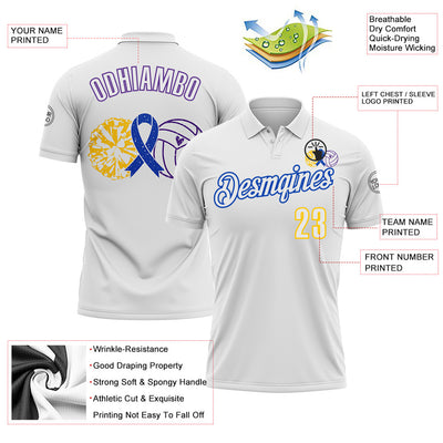 Custom White Yellow Thunder Blue-Purple 3D Pattern Design Dark Blue Ribbon Colorectal Cancer Awareness Colon Volleyball Performance Polo Shirt