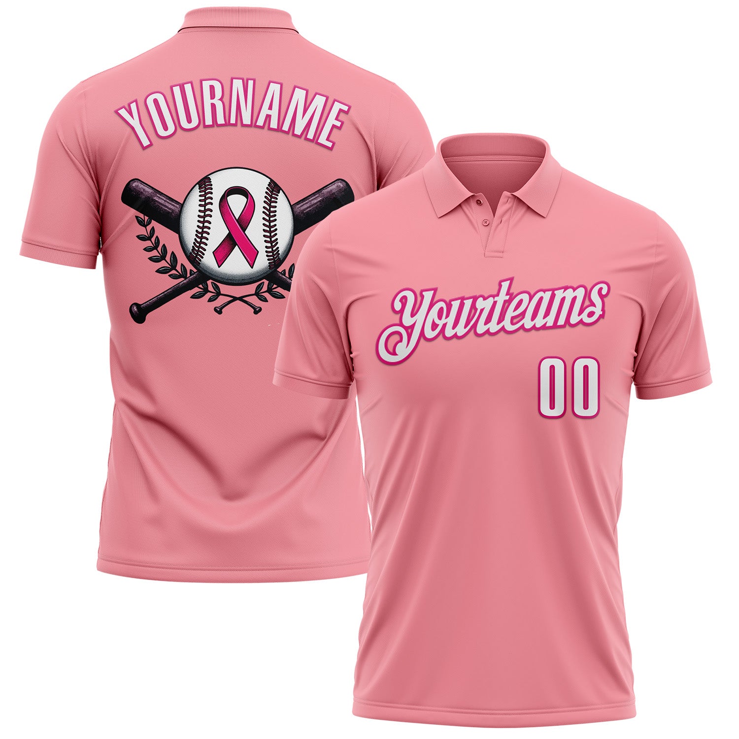 Custom Medium Pink White-Hot Pink 3D Pink Ribbon Breast Cancer Awareness Baseball Performance Polo Shirt