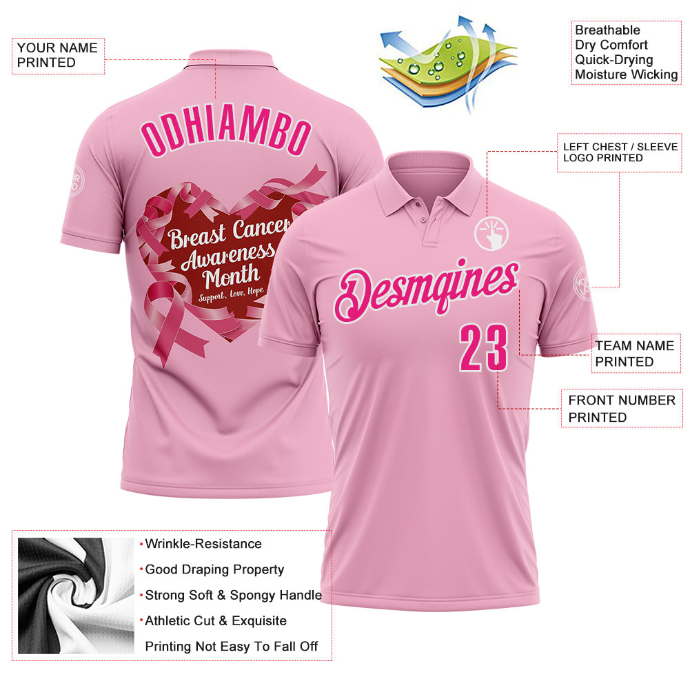 Custom Light Pink Hot Pink-White 3D Pink Ribbon Breast Cancer Awareness Performance Polo Shirt